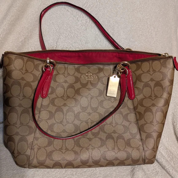 Coach Signature Canvas Tote with Red Trim and Gold Hardware - Picture 1 of 9
